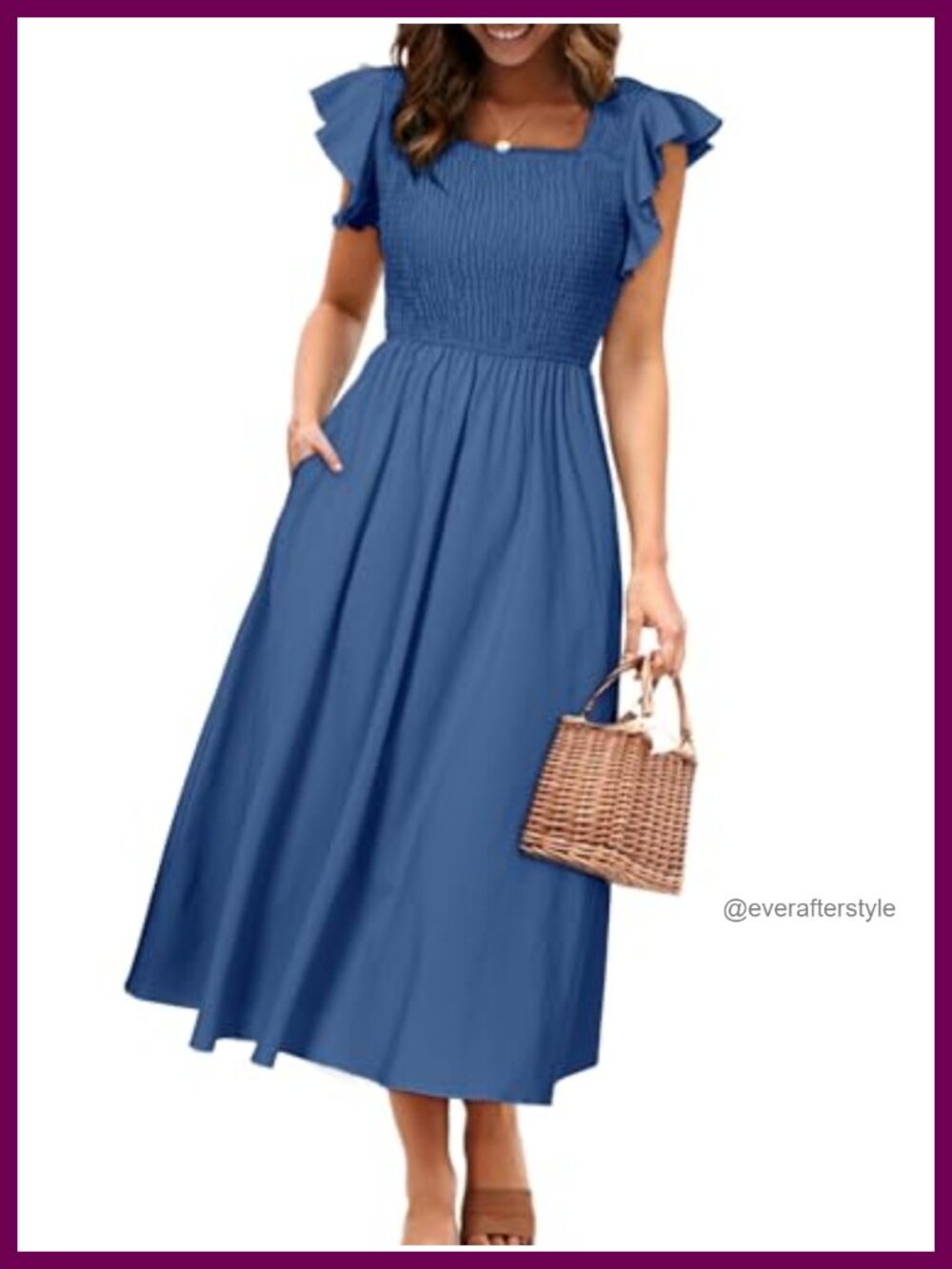 Smocked Midi Dress Flutter Sleeve A-Line Casual Church Modest Pockets